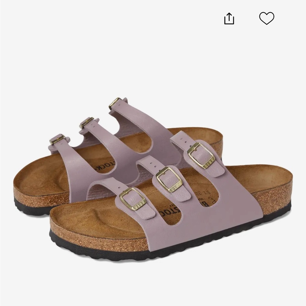 Birkenstock Lavender Three-Strap Sandals with Gold Buckles
